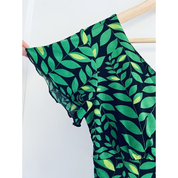Green Leaf Nature Print Midi Dress Boho Garden Party VNeck Padded Retro Y2K S - Picture 6 of 10